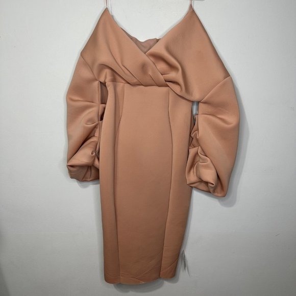 ASOS Maternity Fallen Shoulder Pleated Puff Sleeve Pencil Midi Dress Rose Sz 8 - Picture 3 of 13